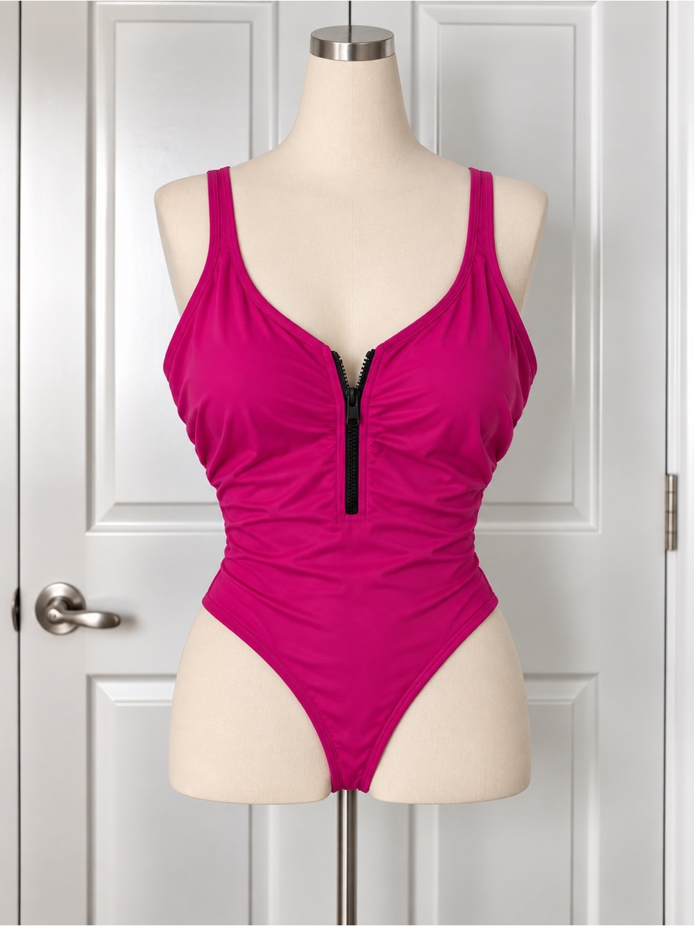 Xhilaration Hot Pink Zip-Front One-Piece Swimsuit